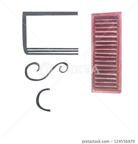 Wooden shutter, black wrought iron details including swirls, curves, frame parts. Watercolor architectural elements set. Hand-painted vintage clipart perfect for designing doors, windows, balconies 129556970