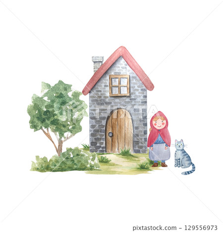 Small stone house, red roof, wooden door, green tree, smiling girl in a red hood, a gray cat. Watercolor scene on white. Hand-painted art ideal for children books, cards, nursery prints, countryside 129556973