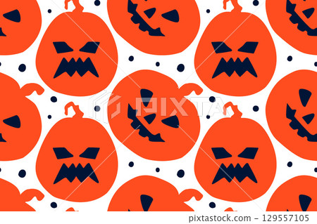 Seamless Halloween pattern with bright orange pumpkins. Spooky print with sinister smiles and grimaces. Scary Halloween monsters. Decorating childrens textiles, wrapping paper, and scrapbooking. Seamless Halloween pattern with bright orange pumpkins. Spooky print with sinister smiles and grimaces. Scary Halloween monsters. Decorating childrens textiles, wrapping paper, and scrapbooking. 129557105