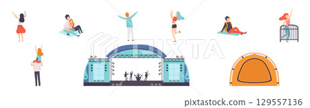 Man and Woman at Open Air Music Festival with Stage Vector Set Man and Woman at Open Air Music Festival with Stage Vector Set 129557136