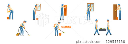 Young Man in Blue Overalls Cleaning and Washing Vector Set Young Man in Blue Overalls Cleaning and Washing Vector Set 129557138