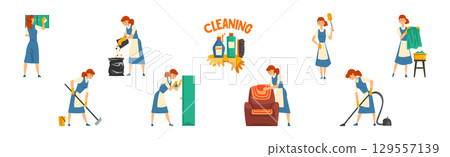 Young Woman in Apron Cleaning and Washing Vector Set Young Woman in Apron Cleaning and Washing Vector Set 129557139