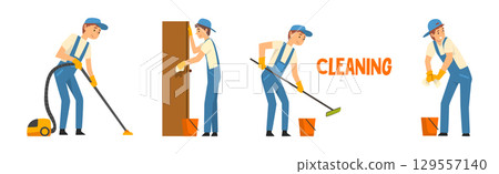 Young Man in Blue Overalls Cleaning and Washing Vector Set 129557140