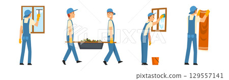 Young Man in Blue Overalls Cleaning and Washing Vector Set 129557141
