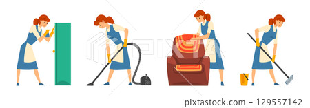 Young Woman in Apron Cleaning and Washing Vector Set Young Woman in Apron Cleaning and Washing Vector Set 129557142
