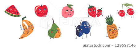 Different Cute Fruit Character with Smiling Face Vector Set 129557146