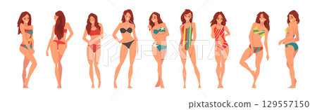 Young Woman in Swimsuit Having Slim Body Standing and Posing Vector Set 129557150
