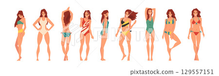 Young Woman in Swimsuit Having Slim Body Standing and Posing Vector Set 129557151