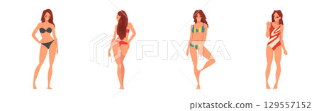 Young Woman in Swimsuit Having Slim Body Standing and Posing Vector Set 129557152
