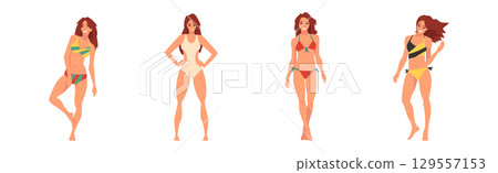 Young Woman in Swimsuit Having Slim Body Standing and Posing Vector Set 129557153