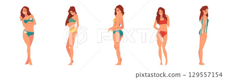 Young Woman in Swimsuit Having Slim Body Standing and Posing Vector Set 129557154