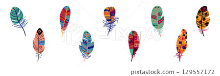 Colorful Fluffy Feather and Plume of Bird Vector Set 129557172