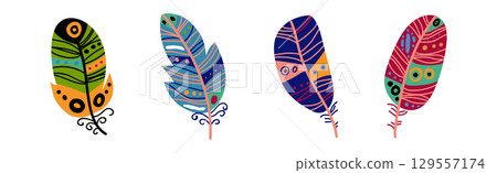 Colorful Fluffy Feather and Plume of Bird Vector Set Colorful Fluffy Feather and Plume of Bird Vector Set 129557174