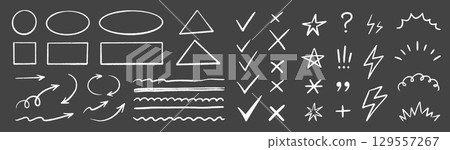Line mark icon pack. Pencil crayon arrows, cross sign, text quote frames, stars and check emphasis elements for infographic text design. Hand drawn line check mark elements. Vector 129557267