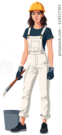 Construction worker woman holding paint brush Construction worker woman holding paint brush 129557365