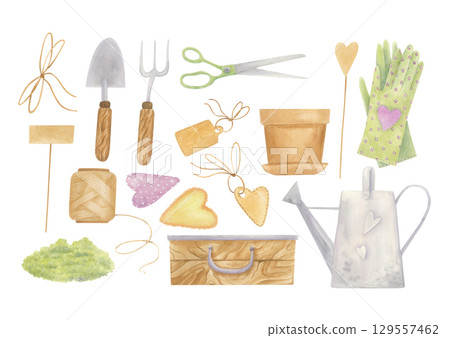 Watercolor gardening tools and accessories clipart Watercolor gardening tools and accessories clipart 129557462