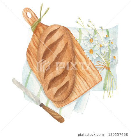 Watercolor rustic bread on wooden cutting board with chamomile flowers isolated on white. 129557468