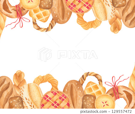 Watercolor bread and pastry border illustration isolated on white 129557472