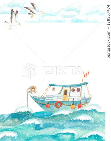 Watercolor nautical frame template with sea waves, fishing boat and seagulls 129557474