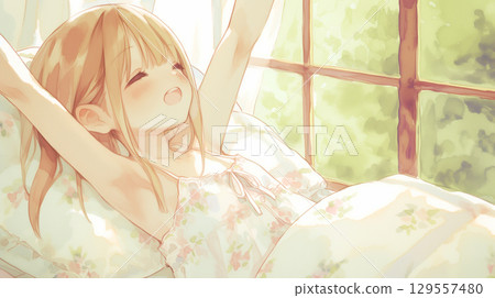 Girl waking up from a nap 129557480