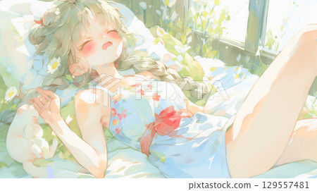 Girl waking up from a nap 129557481