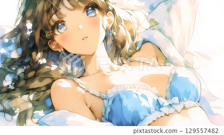 Girl waking up from a nap 129557482