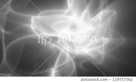 White glowing digital mesh curves through a grayscale background, forming luminous flowing shapes in a minimal abstract style 129557562