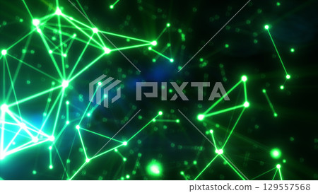 Abstract visualization of a glowing green neural network or digital data connections on a dark background 129557568