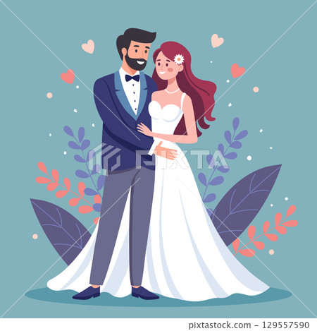 Wedding couple embracing with love. Illustration in flat style. Card, invitation, banner. Wedding couple embracing with love. Illustration in flat style. Card, invitation, banner. 129557590