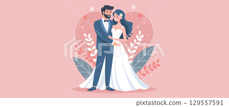 Wedding couple embracing with love. Illustration in flat style. Card, invitation, banner. Wedding couple embracing with love. Illustration in flat style. Card, invitation, banner. 129557591