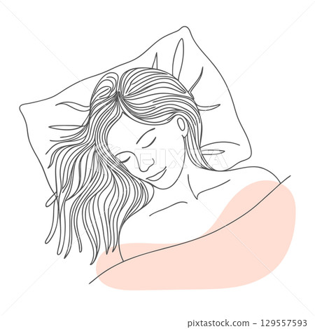 Woman sleeping peacefully on a pillow. Line art illustration. 129557593