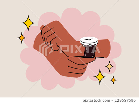 Cute cartoon vector illustration of hands putting on wristwatch. Hands with fashionable expensive luxury watch, brown strap. Classic men's mechanical accessory. Flat line style. Minimalistic art. 129557596