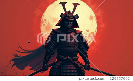 Powerful samurai warrior stands in front of a glowing moon under a dramatic red sky during a mythical battle preparation 129557602