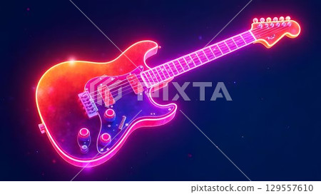 Colorful electric guitar illuminated in neon lights against a dark background during a lively music event 129557610