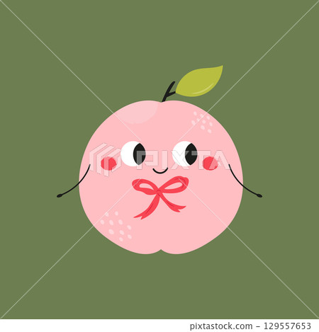 Cute Peach with Decorative Bow. Funny Fruit Cartoon Character 129557653