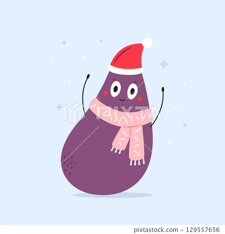 Cute Eggplant in Santa Hat. Funny Christmas Vector Illustration Cute Eggplant in Santa Hat. Funny Christmas Vector Illustration 129557656