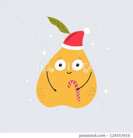 Cute Pear in Santa Hat. Funny Christmas Fruit Cartoon Character 129557658