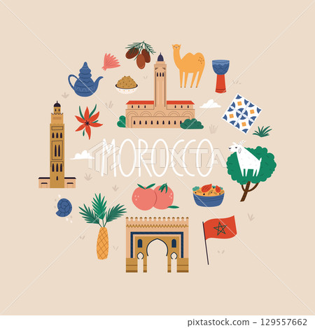 Morocco travel poster with landmarks, food, animals and cultural symbols in flat cartoon vector style on beige background Morocco travel poster with landmarks, food, animals and cultural symbols in flat cartoon vector style on beige background 129557662