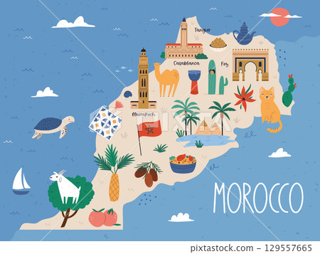 Morocco map with cultural landmarks, traditional architecture, desert nature and ethnic Moroccan elements in cartoon vector style 129557665