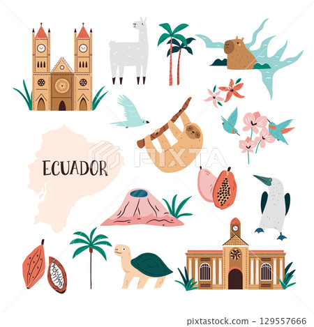 Ecuador Icon Set with Cute Animals, Famous Plants, Culture and Landmarks in Flat Cartoon Style. Vector Illustration, Design Ecuador Icon Set with Cute Animals, Famous Plants, Culture and Landmarks in Flat Cartoon Style. Vector Illustration, Design 129557666