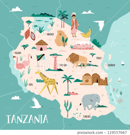 Travel Map of Tanzania with Zanzibar, Wildlife, Landmarks, and Nature Symbols. Vector Illustrated Poster, Design. 129557667
