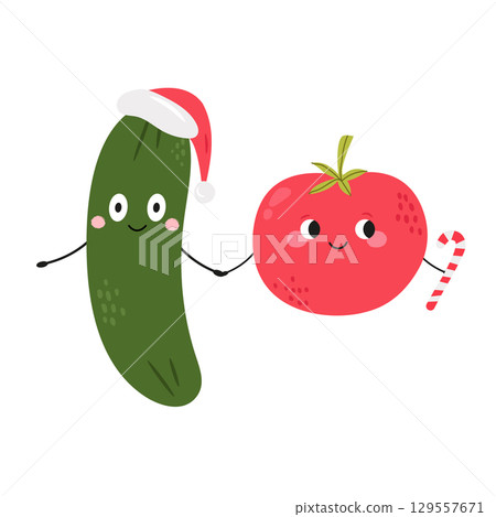 Cute Cucumber and Tomato in Santa Hats. Funny Christmas Vector Illustration 129557671