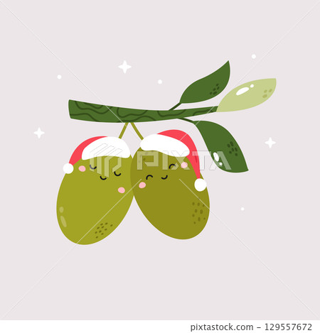 Cute Olives with Santa Hats on Branch. Funny Christmas Fruit Illustration 129557672