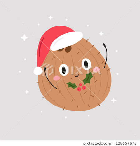 Cute Coconut in Santa Hat. Funny Christmas Cartoon Character 129557673