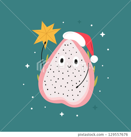 Cute Pitaya in Santa Hat. Funny Christmas Fruit Cartoon Character 129557676