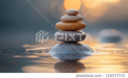 Balanced stones reflecting on calm water in golden light. Concept of zen and harmony Balanced stones reflecting on calm water in golden light. Concept of zen and harmony 129557725