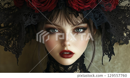 Gothic fashion portrait of young woman with red roses and black lace headpiece Gothic fashion portrait of young woman with red roses and black lace headpiece 129557760