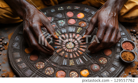 Hands crafting intricate chocolate art on decorative plate. Concept of culinary creativity Hands crafting intricate chocolate art on decorative plate. Concept of culinary creativity 129557762