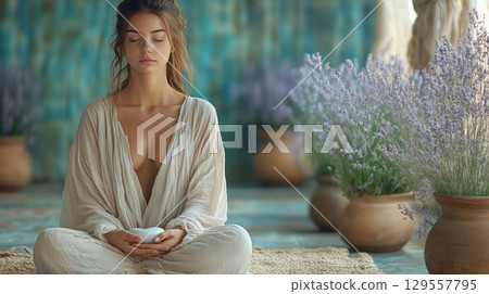 Woman meditating in white clothing surrounded by lavender plants. Concept of serenity and mindfulness Woman meditating in white clothing surrounded by lavender plants. Concept of serenity and mindfulness 129557795