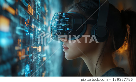 Woman using virtual reality headset with futuristic interface. Concept of technology, innovation, and digital immersion 129557796